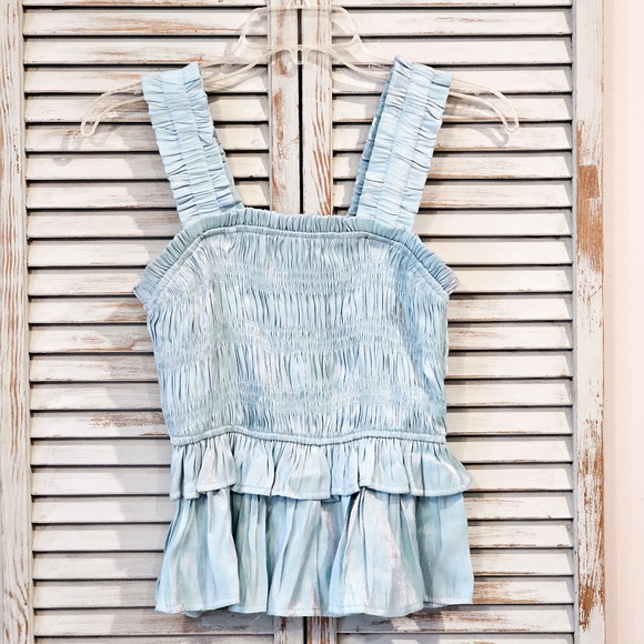 umgee Womens M Pastel Blue Dreamy Coquette Lolita Shimmery Smocked Halter Top - Picture 2 of 7